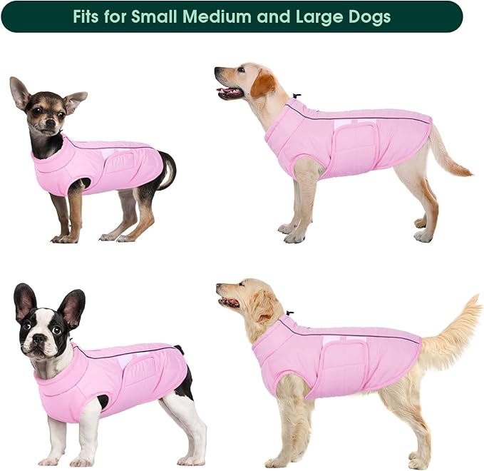 Kuoser Large Dog Coat, Winter Waterproof Dog Jackets for Large Dogs, Reflective Doggie Vest with Leash Hole, Cold Weather Coats Pet Snow Jacket for Labrador Beagle, Pink XXL