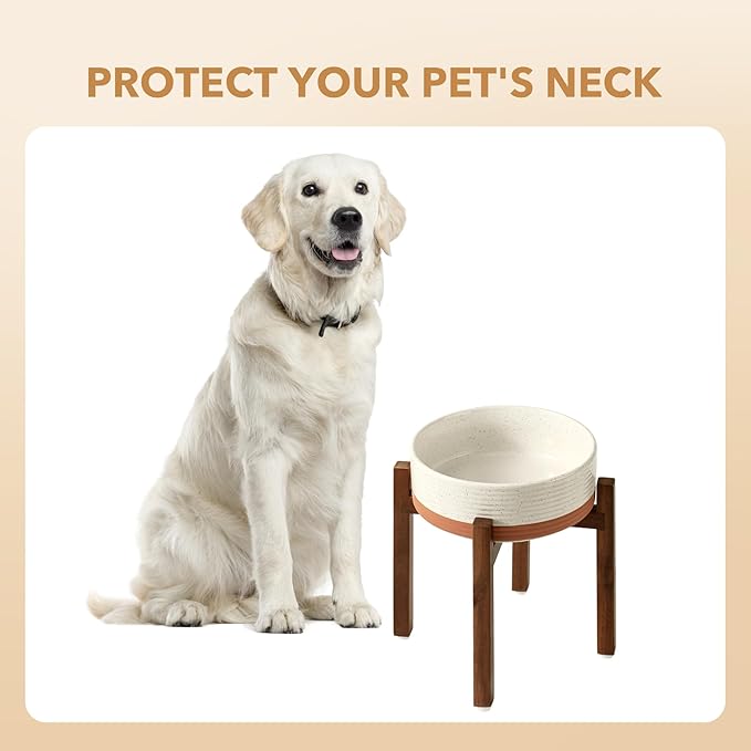 Ceramic 8.2inch Raised Dog Bowl Set, Elevated with Acacia Wood Stand, Food and Water Bowl for Large Breed Dogs, Weighted Pet Dishes(60oz, Vanilla White)