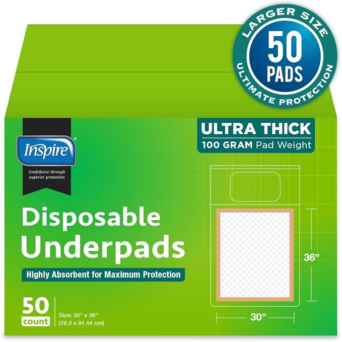 Inspire Extra Large Super Absorbent Disposable Bed Pads for Incontinence Ultra Thick and Absorbent Bed Pads Disposable Adult | Puppy Pads | Pee Pads for Adults (30" X 36" Pack of 50)