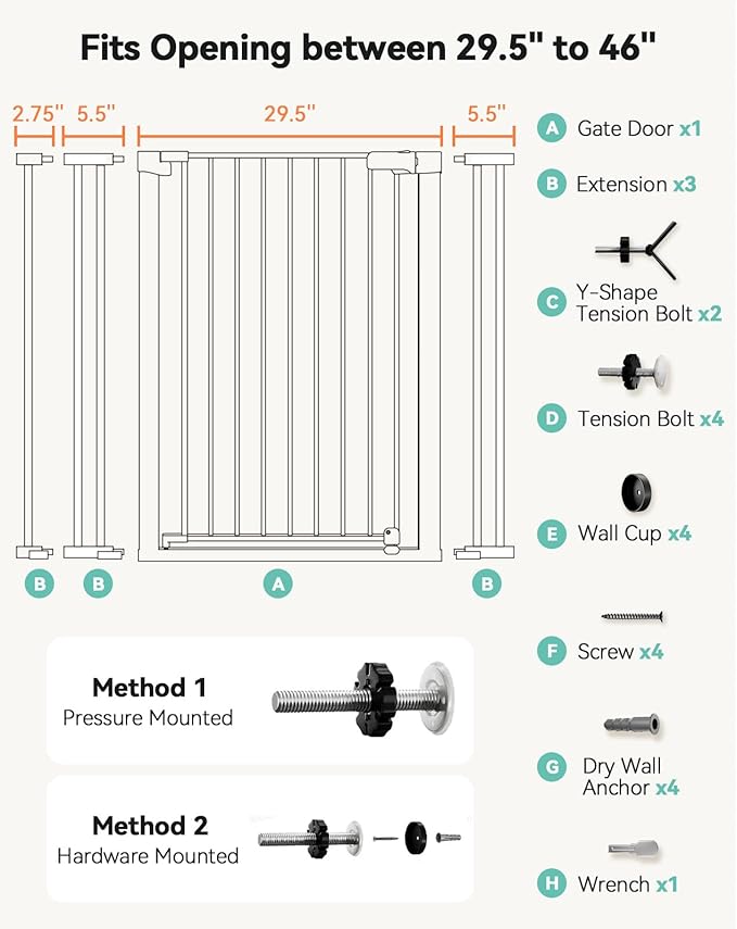 COMOMY 36" Extra Tall Baby Gate for Stairs Doorways, Fits Openings 29.5" to 46" Wide, Auto Close Extra Wide Dog Gate for House, Pressure Mounted Easy Walk Through Pet Gate with Door, Black