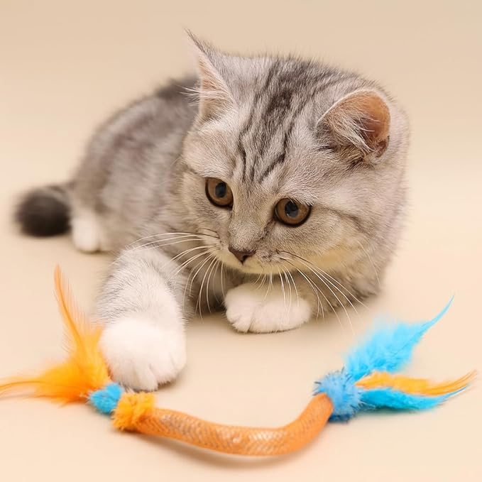 Cat Toys for Indoor Cats with Catnip β 3 Pack Feather Elastic Mesh Chew with Pom-Pom Cat Toys, 19.5 Inch Durable Kitten Teething Cat Toy Bundle with Bells