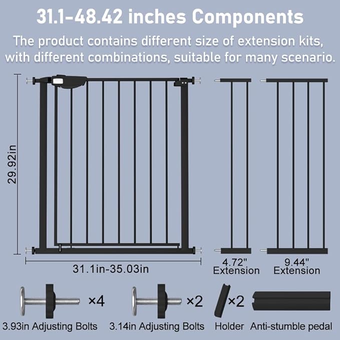DEARBB Triple Lock Baby Gate for Stairs Doorways and House 31" to 86" Extra Wide Pressure Mounted Easy Walk Through Auto Close Safety Pet Gate Black 31.1-48.42"