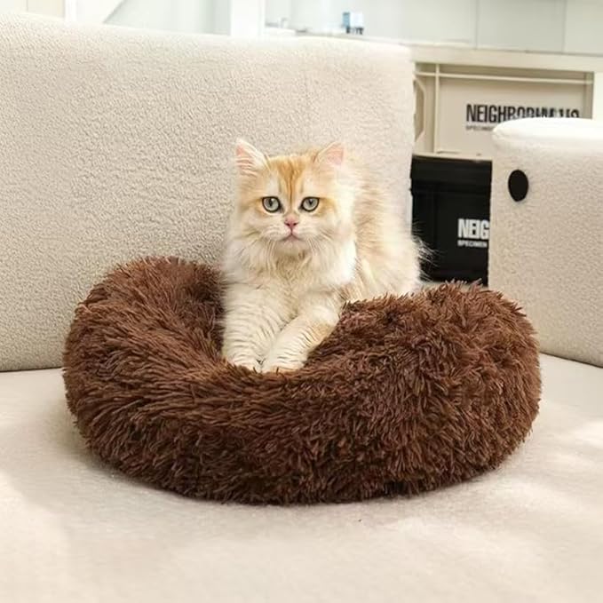 Cat Beds for Indoor Cats - Pet Beds Washable 24 inches, Dog Beds for Small Medium Dogs, Anti Anxiety Round Fluffy Plush Faux Fur Cat Bed, Thick Bottom (Coffee, Large 24" L x 24" W)