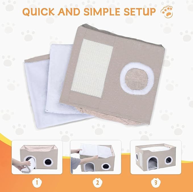 Cat House for Indoor Cats – Foldable Cat Cave & Covered Cat Bed, Cozy Hideaway for Small Pets and Large Cats (23.6"x16"x12.8"),Beige