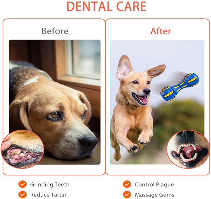 AUSCAT Teething Dog Toys, Durable Squeaky Dog Toys, Rubber Chew Toys for Dogs, Dumbbell Shape, Blue and Black