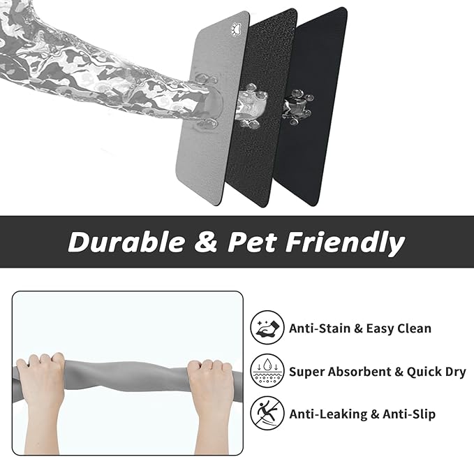 Pet Feeding Mat - Absorbent Dog Mat for Food and Water, No Stains Cat Bowl Mat, Easy to Clean Pet Placemats, Quick Dry Dog Water Dispenser Mat for Messy Drinkers | Paw Grey 16"x 24"