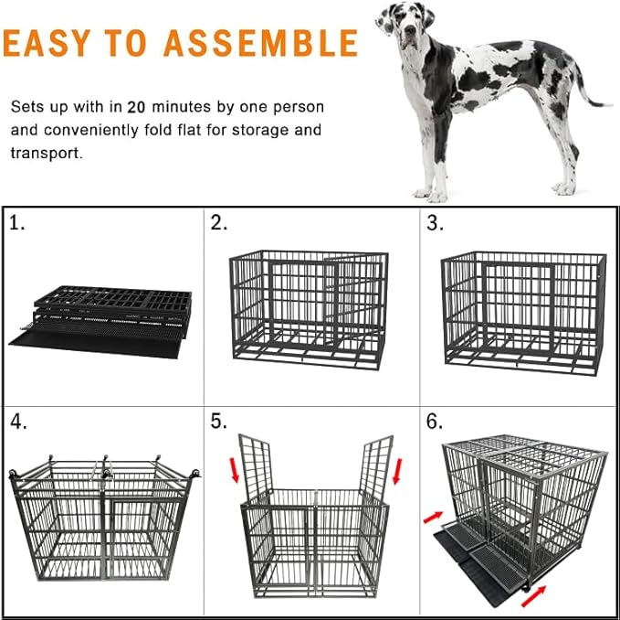 54/48/42/38 Inch Heavy Duty Dog Crate Cage with Wheels, Indestructible and Escape Proof Steel Kennel Indoor for High Anxiety Dogs with Sturdy Locks, Double Door and Tray, Extra Large XL XXL