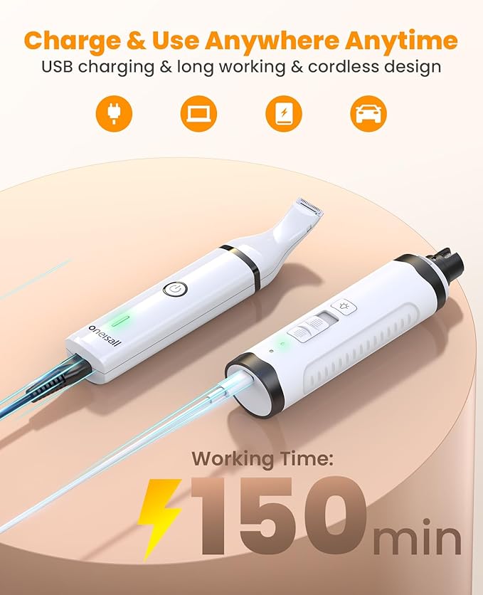 oneisall Dog Nail Grinder and Paw Trimmer Kit 2 in 1 Quiet Rechargeable Electric Pet Nail Grinder with 2 LED Lights and Cordless Dog Grooming Safe Clippers