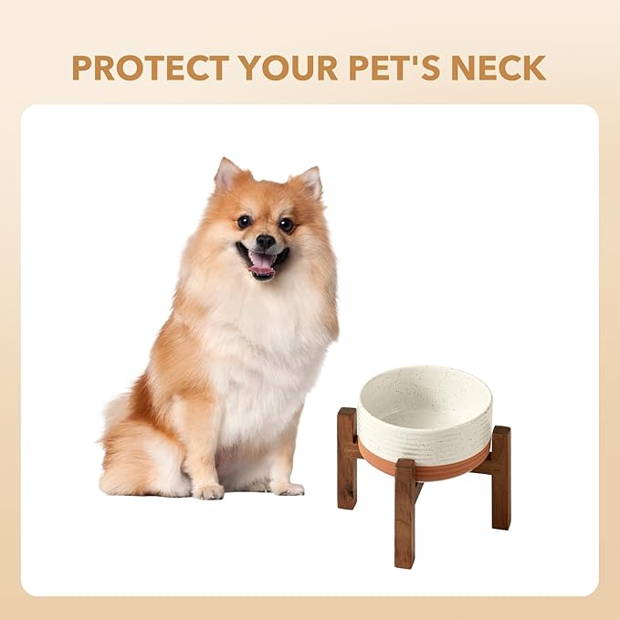 Ceramic 6.1inch Raised Dog and Cat Bowl Set, 2 Heights Elevated Wooden Stand for Small Breed Dogs, Weighted Pet Food and Water Dishes(6.1'',28.7oz, Vanilla White)