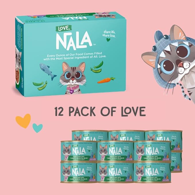 LOVE, NALA - Natural Adult Cat Wet Food - FLAKED Tuna with Carrot & Green Pea in Broth - Grain Free, Non-GMO, Lean Protein, Added Minerals & Vitamins - 12 Pack, 2.4 lbs.