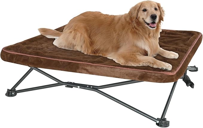 unp Outdoor Lifted Dog Bed - Pop up Dog Cot Bed for Medium Dogs, Washable Plush Cover & Carrying Bag - 26.7 x 26.7 x 10 inch Dog Camping Chair for Lawn (Brown, M)