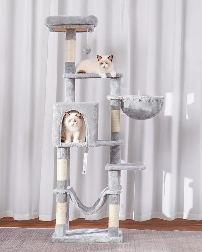 Hey-brother Cat Tree with Large Hammock, Multi-Level Cat Tower for Indoor Cats, Cat Condo with Sisal-Covered Scratching Posts and Top Perch, Light Gray MPJ050W