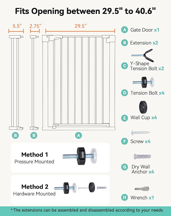 COMOMY 36" Extra Tall Baby Gate for Stairs Doorways, Fits Openings 29.5" to 40.6" Wide, Auto Close Sturdy Safety Dog Gate for House, Pressure Mounted Easy Walk Through Pet Gate with Door, Black