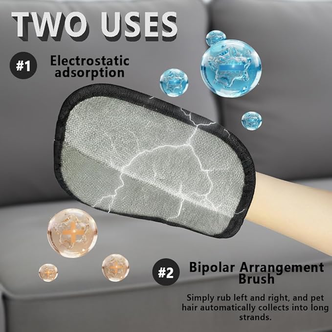 Pet Hair Removal Glove for Dogs & Cats,Five-Finger Electrostatic Glove for Clothes,Couch,Carpets,Car Seat,Individually Wrapped 2 Pack Black,L