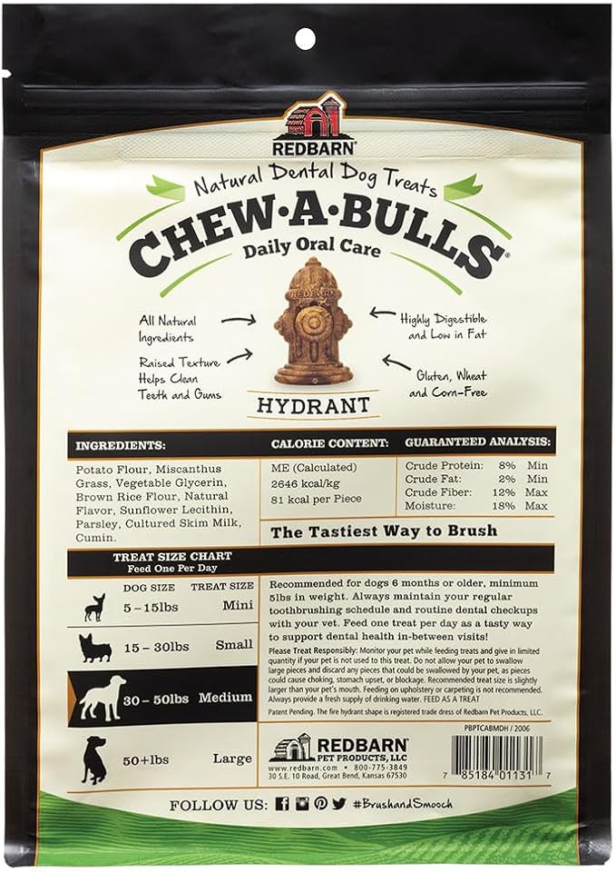 Redbarn Chew-A-Bulls, 12 Pack – Medium Hydrant Shape Dog Dental Treats – Daily Oral Care with Fun Ridges & Grooves, All Natural Ingredients, Highly Digestible Chews & Low in Fat