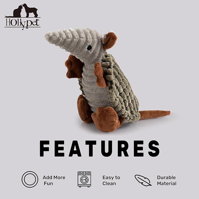 Hollypet Plush Dog Squeaky Toy Stuffed Armadillo Animal Pet Puppy Chew Toys with Clean Teeth for Small Medium Large All Breed Sizes Dogs, Olive Drab, 8 in