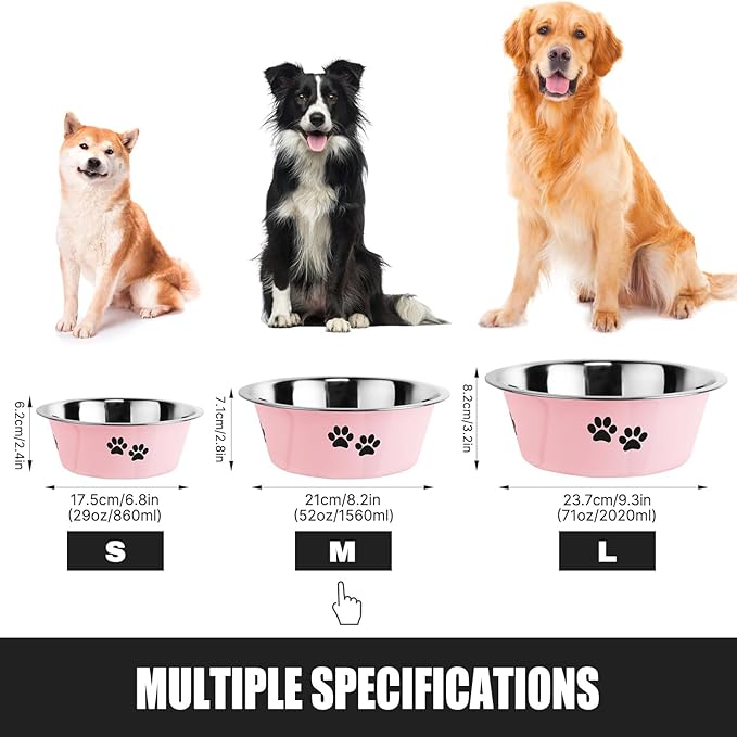 Stainless Steel Dog Bowls, Nonslip Rubber Bottom No Spill Proof Skid Metal Insulated Dog Bowls for Large Medium Small Breed Dogs (Pink, 6.6 Cups/53 OZ)