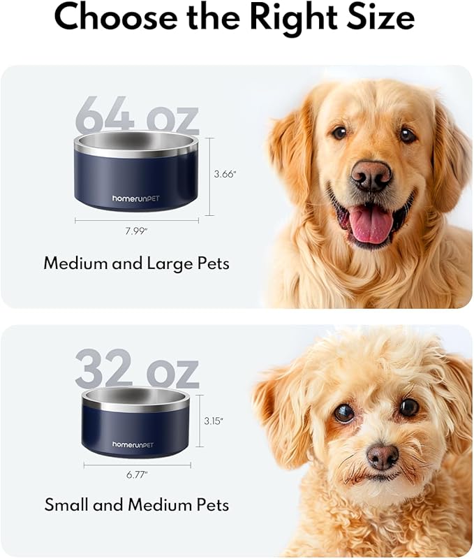HomeRunPet Dog Bowls, Durable Dishwasher Safe Double Wall Metal Insulated Stainless Steel Food Water Bowls with Non-Slip Rubber Base, Ideal for Small Medium and Large Dogs (32oz, Navy)