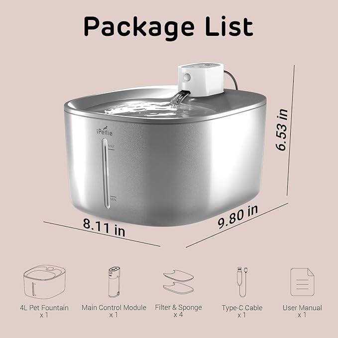 Runway Wireless Pump Cat Water Fountain with 4 Filters - Waterproof Self-Contained Battery, Stainless Steel, 1.1 Gal/135oz, Motion Sensor, 5-Stage Filtration for Pets, Upgraded Cordless