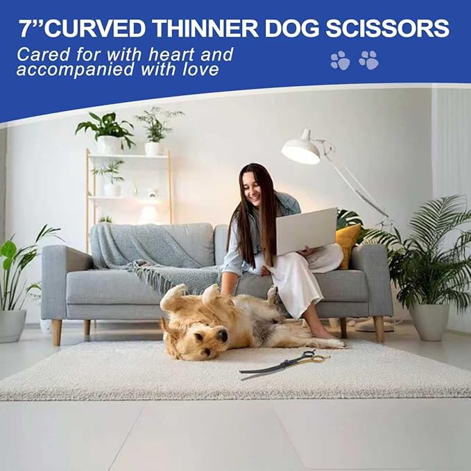 7" Curved Thinner Dog Scissor, Curved Fluffer Scissors, 43 Teeth, 50% Thinning Rate, Professional Pet Shear for Groomer, Ergonomic Dog Grooming Scissor, Dogs Shear for Grooming to remove bulk quickly