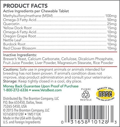Vet's Best Healthy Coat Shed & Itch Relief Dog Supplements | Relieve Dogs Skin Irritation and Shedding Due to Seasonal Allergies or Dermatitis | 50 Chewable Tablets