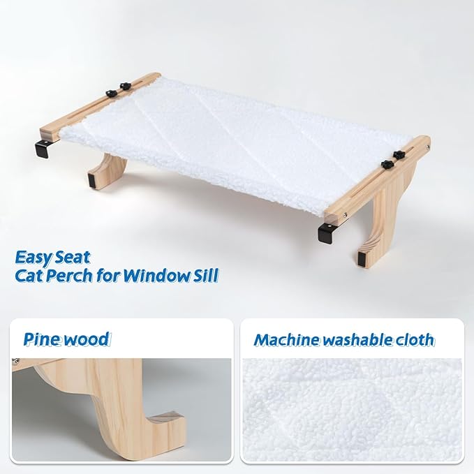 Zakkart Easy Seat Cat Perch for Window Sill - Hammock Design w/Pine Wood & Robust Metal Frame - Cat Window Seat for Large Cats and Kittens (Natural Color Wood w/White Bed, Medium (23''W x 14''D))