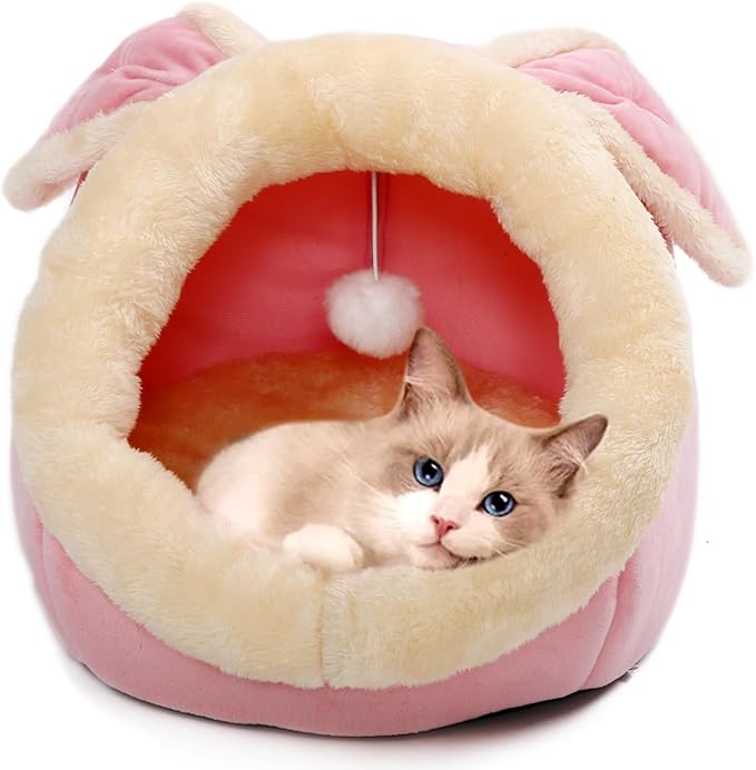 Lcybem Cat Beds for Indoor Cats - Rabbit-Shaped Cat Cave Bed with Hanging Toy,Super Soft Calming Pet Bed for Kitten,Small Dog,Warm Plush&Machine Washable&Removable Cotton Pad,cat Hideaway