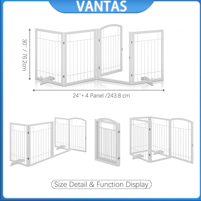 Vantas Folding Pet Gate 96" Wide, 30" Tall No-Assembly Metal Dog Gate, Freestanding Wire Pet Gate, Pet Puppy Safety Fence, Extra Wide with 2PCS Support - White