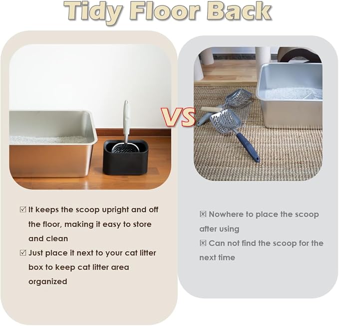 Metal Cat Litter Scoop with Holder, Aluminum Cats Litter Scooper Captures All Clumps, Heavy Duty Metal Kitty Scoopers with Holder, Cat Metal Scoop and Holder (Black)