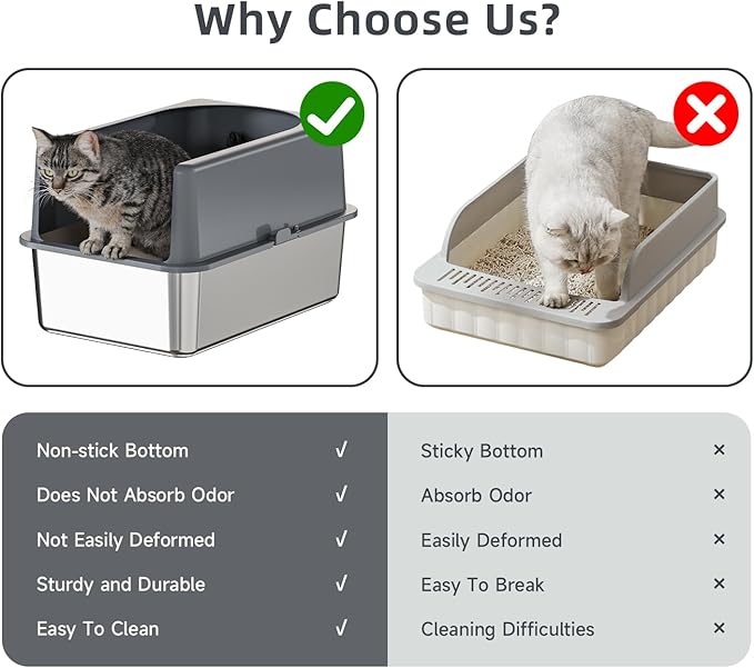 High-Sided Stainless Steel Cat Litter Box,Stainless Steel Litter Box with Lid,Extra Medium Box,Easy-to-Clean Metal Litter Pan for Cats (20''L X 14''W X 12''H with Enclosure)
