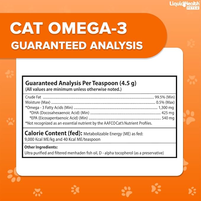 Liquid Health Pets Wild Caught Omega 3 Fish Oil for Cats - Liquid Omega 3 Supplement for Cats with EPA+DPA+DHA - Reduce Itching, Support Joint, Immunity, Brain, Heart Health - Made in The USA (8 oz)