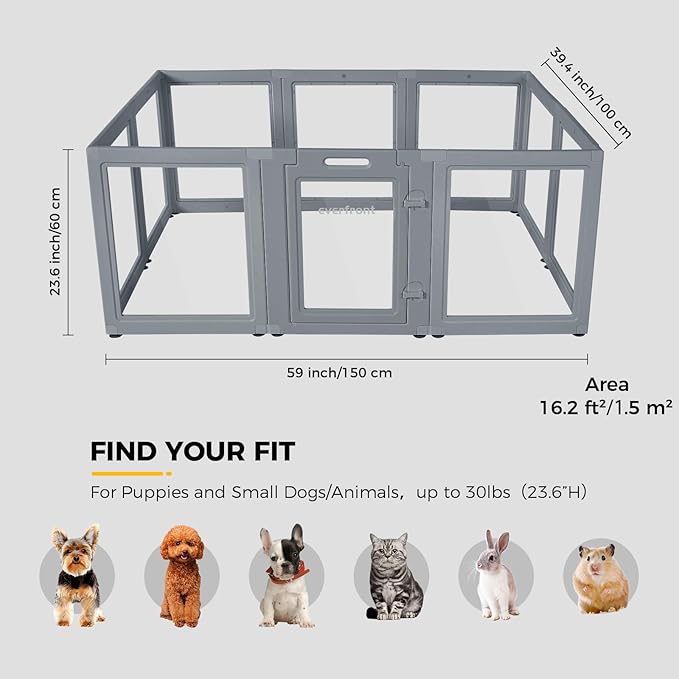 Clear Dog Play Pen - Easy Assemble Durable Plastic Acrylic Dog Playpen - Dog Playpen Indoor, Puppy Playpen, Cat Playpen, Small Animal Playpen, Dog Play Pen Indoors (Grey, 23.6" H, 10PCS)
