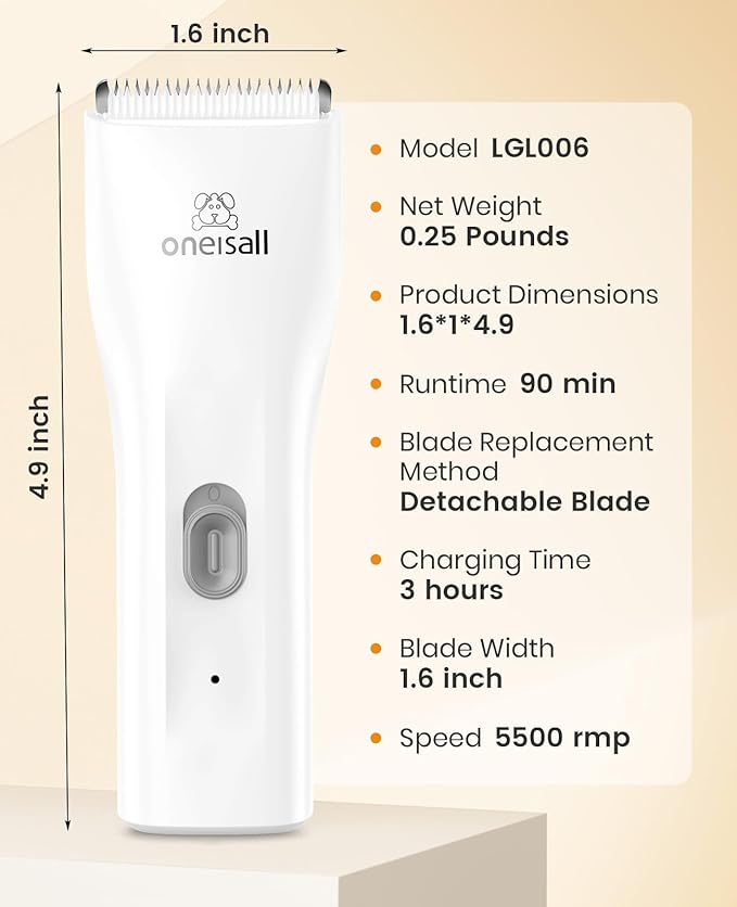 oneisall Pet Clipper for Cat Matted Hair, Pet Shaver for Cats Quiet Pet Clippers Waterproof Cordless Cat Clippers for Matted Hair Long Hair with Storage Bag (White)
