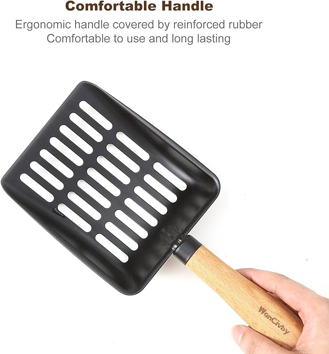 Premium Cat Litter Scoop with Ergonomic Beech Wood Handle - Stainless Steel Sifter with Hook & Hole for Easy Cleaning, Durable & Odor-Free (Teflon Long)
