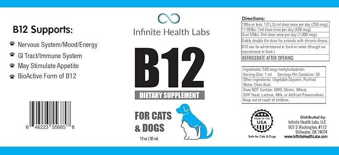 Liquid Vitamin B-12 for Dogs and Cats - Vet Formulated - Effective for All Animals Methylcobalamin (Methyl B12) - Energy, Appetite and Mood - Made in USA