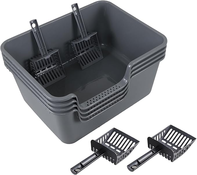 Readsky Large Cat Litter Box with High Sides, Open Top Cat Litter Tray with Scoop, 4-Pack, Gray