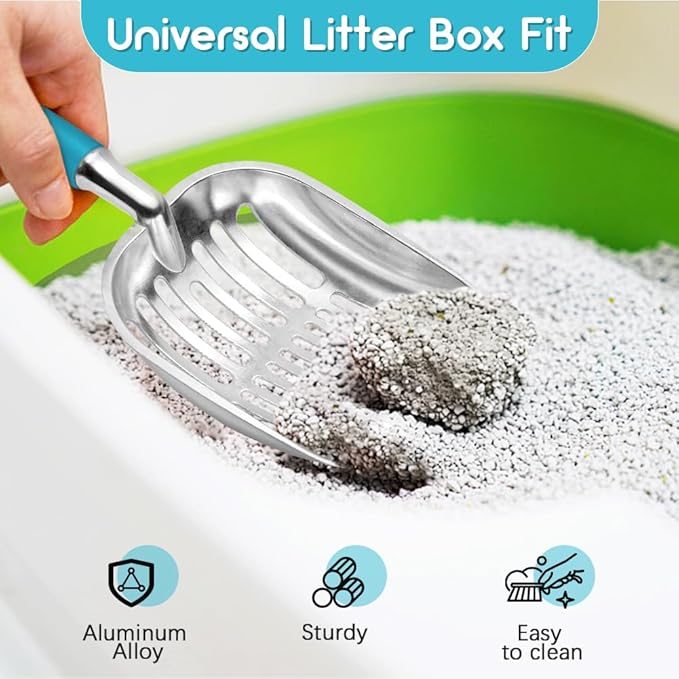 Cat Litter Scoop, Metal Cat Scooper, Plastic Handle Scoop, Sifting Shovel – Heavy Duty Aluminum Alloy Litter Box Scoop with Deep Mesh, Design for Easy Waste Removal and Cleaning(Lake Blue)