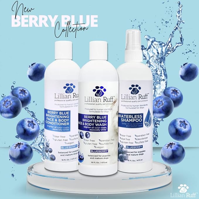 Lillian Ruff PRO Formula Berry Blue Brilliance Bundle - Ultimate Tear Stain & Odor Eliminator Set, Includes Berry Blue Shampoo, Conditioner & Waterless Shampoo, Hydrate, Soften & Detangle, USA Made