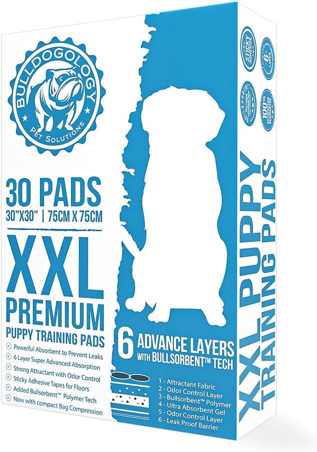 Bulldogology Puppy Pee Pads XXL with Adhesive Sticky Tape - Extra Large Dog Training Wee Pads (30x30) 6 Layers with Extra Quick Dry Bullsorbent Polymer Tech (30-Count, White)