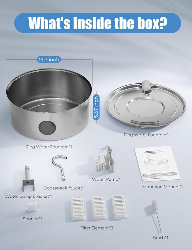 Dog Water Fountain for Large Dogs- 8L/270oz Stainless Steel Dog Fountain Dispenser Automatic Pet Water Bowl with Ultra-Quiet Pump/Quadruple Filtration for Large Pups Cats & Multi-Pet