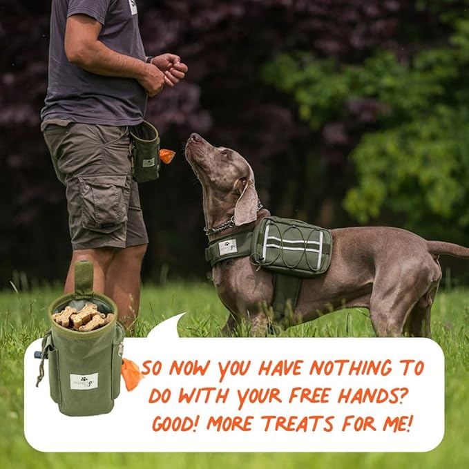 INSPECTOR TAIL Dog Treat Pouch w Drawstring to Prevent Spills | 2 Cup Tote | Hands Free w 4 Ways to Wear Puppy Bag w Pockets for Snacks Poop Bags Keys & Cards | Pet Training Walking & Rewarding Holder