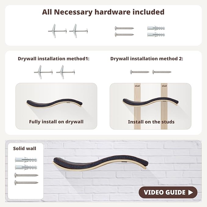 Cat Shelf with Comfortable Cushion - Wave Modern Cat Bed - Minimalistic Floating Cats Wall Perch - Wooden Wall Mounted Cats Furniture for Sleeping, Playing, Climbing, and Lounging