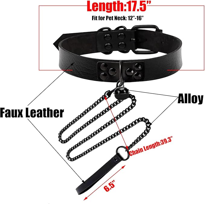 Leather Collar and Leash with Bell for Pet, Gothic Choker Necklace Accessories for Halloween Cosplay