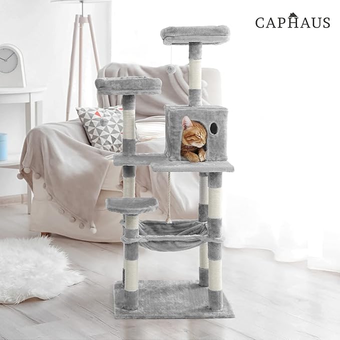 CAPHAUS Extra Wide, Tall Cat Activity Tree w/Two Top Perch, Scratching Posts, Multi-Level Play Tower for Cute Indoor Cats, 58-Inch Modern Cat Tree w/Cat Cave Condo, for Large Cats Kittens