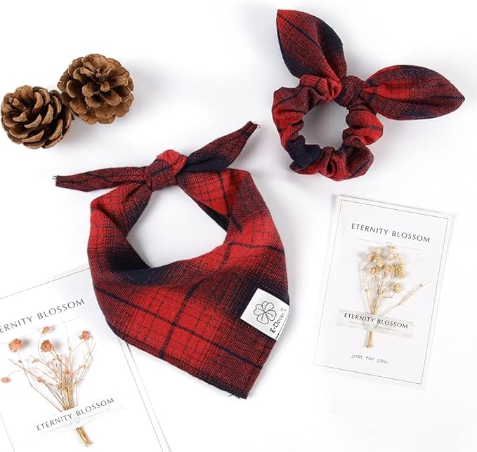 E-Clover Christmas Plaid Dog Kerchief Bandana Triangle Scarf Bibs for Small Dog Puppy Boy Pet Owner Mom Gifts Red