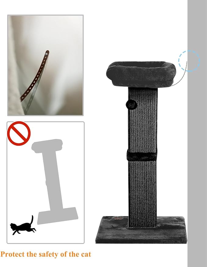 32" Cat Scratching Post for Indoor Cats, Sisal Cat Scratcher with Plush Perch, Large Scratch Post with Bed, Removable Cover, Sisal Fabric,Black