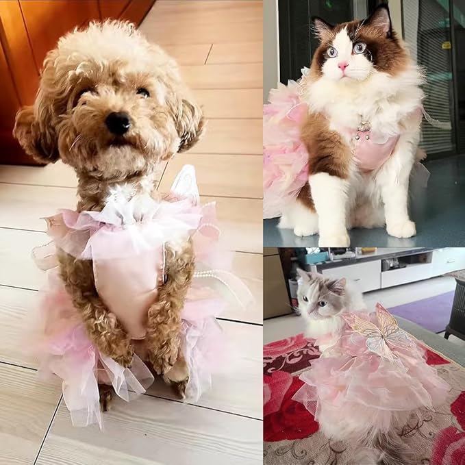 Butterfly Dog Costume Pink Dog Dress with Leash Ring Lolita Puppy Clothes for Small Dog Girl Halloween Cat Outfit for Kitten Chihuahua Yorkie Pomeranian(Purple, Large)