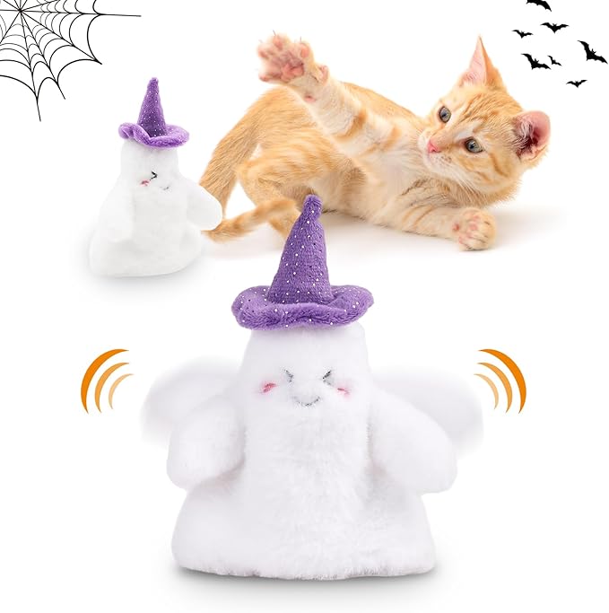 Halloween Catnip Toys, Flapping Ghost Catnip Toy, Interactive Kitten Exercise Toys for All Cat Breeds Play Alone, Never Boredom