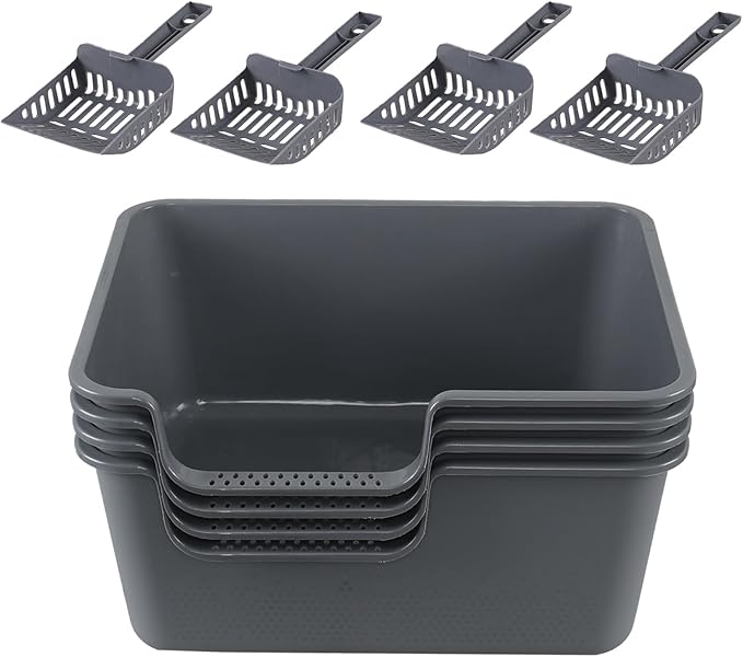 4-Pack Plastic High Wall Cat Litter Box with Scoop, Open Air Kitty Litter Pan, Gray