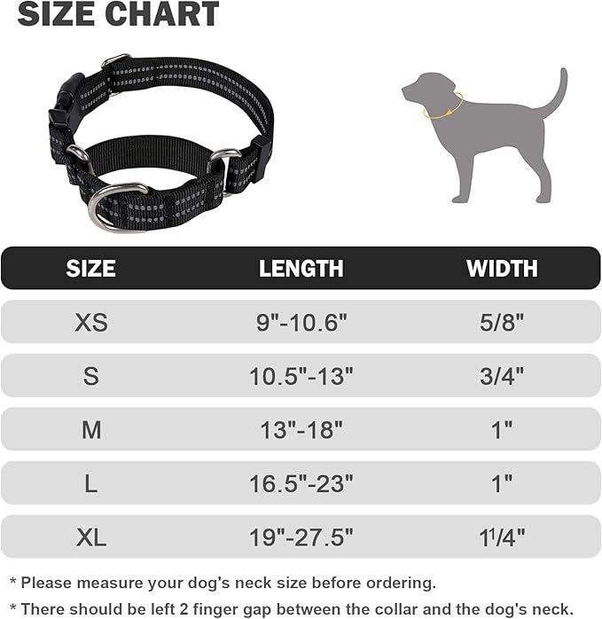Hikiko Martingale Collar for Dogs Reflective Nylon Puppy Dog Collar with Quick Release Buckle Adjustable Training No Slip Dog Collar (X-Small, Black)